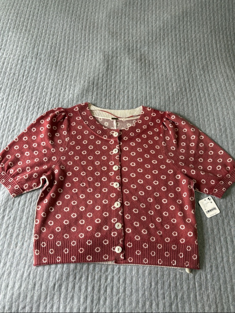 Free People Red Floral Dot Short Sleeve Wool Cashmere Cardigan
